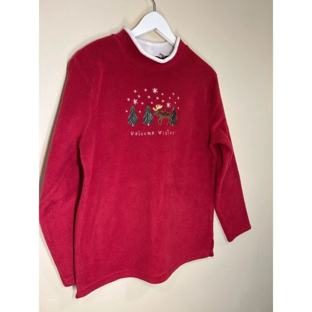 Croft & Barrow Women's Medium Welcome Winter Embroidered Moose Red Fleece